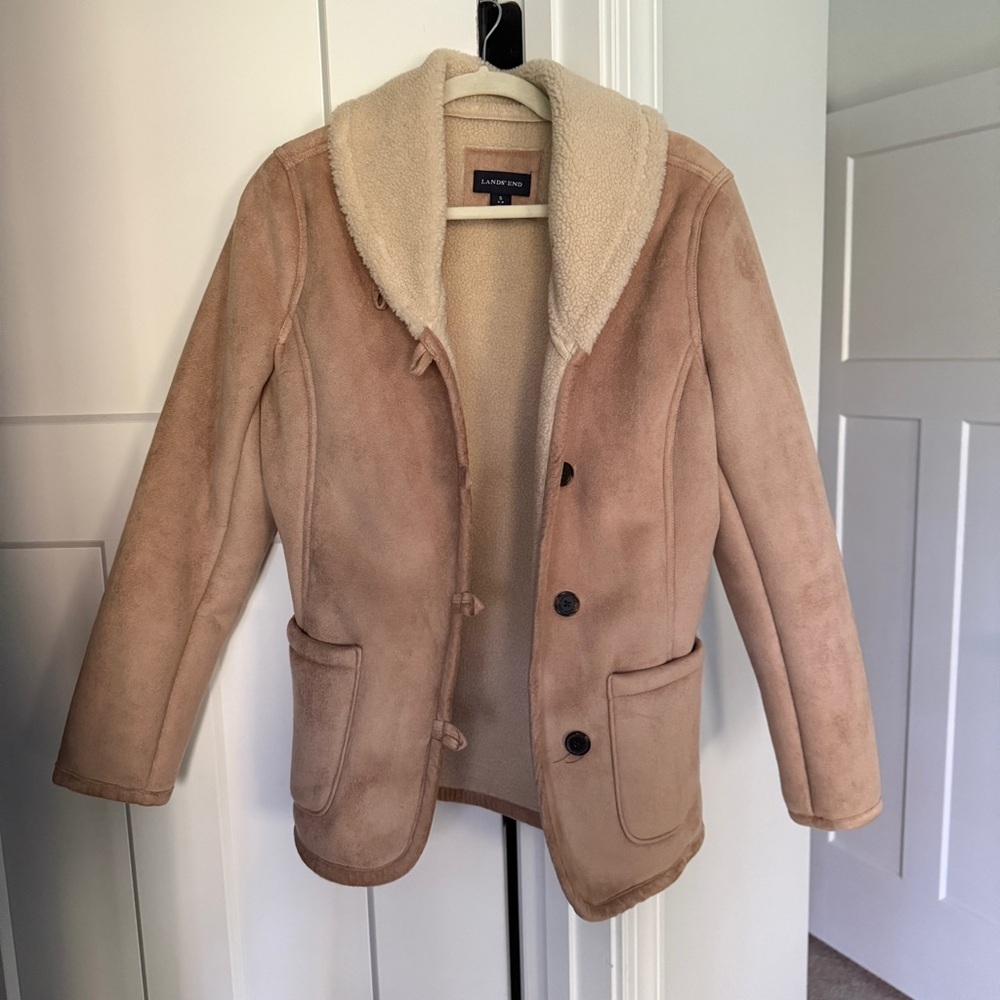Lands End Shearling Barn Jacket Brown Ivory Button‎ Up Fall Country Coat